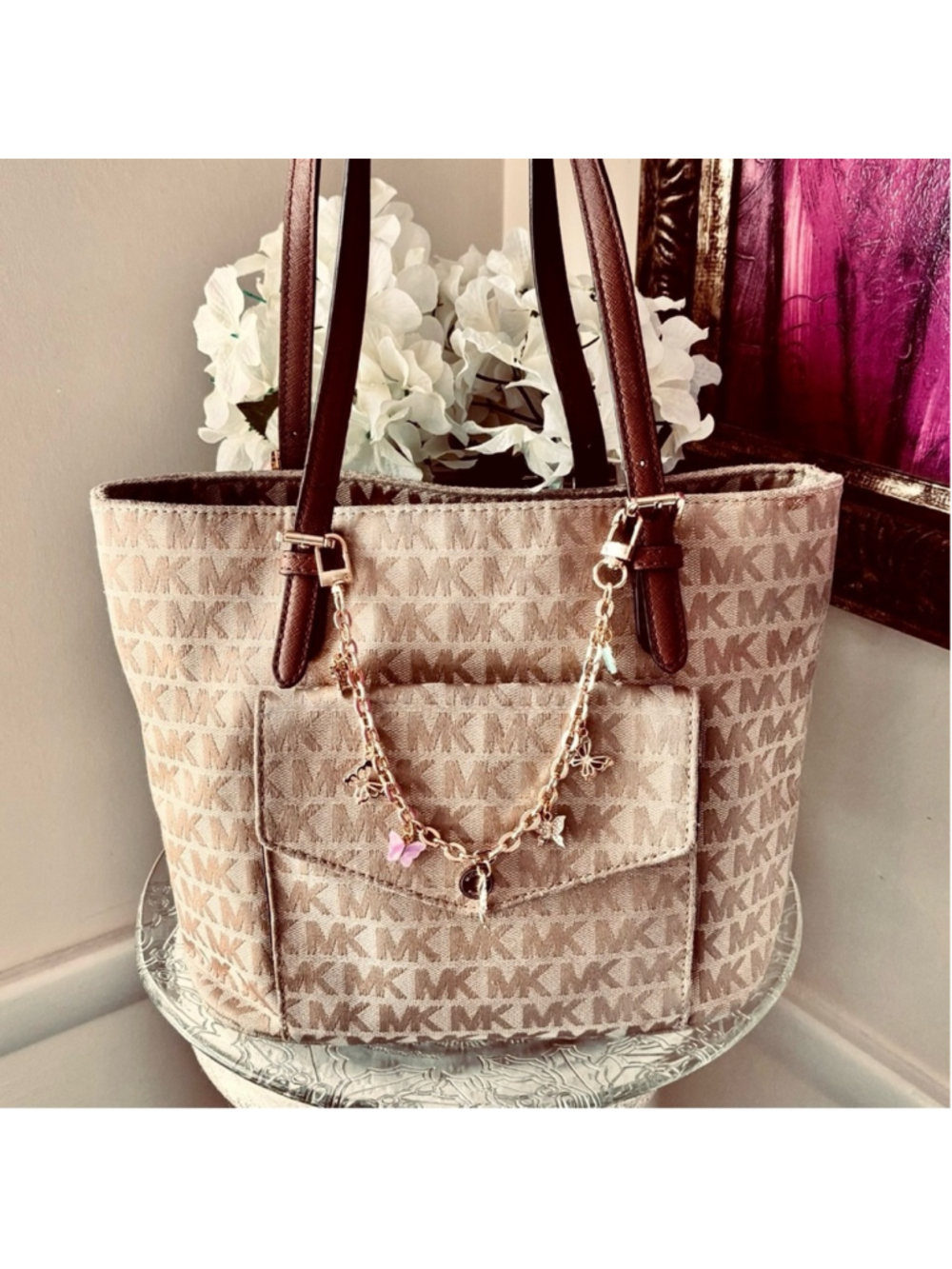 MICHAEL KORS JET SET TRAVEL SIGNATURE MEDIUM DOUBLE POCKET TOTE EUC